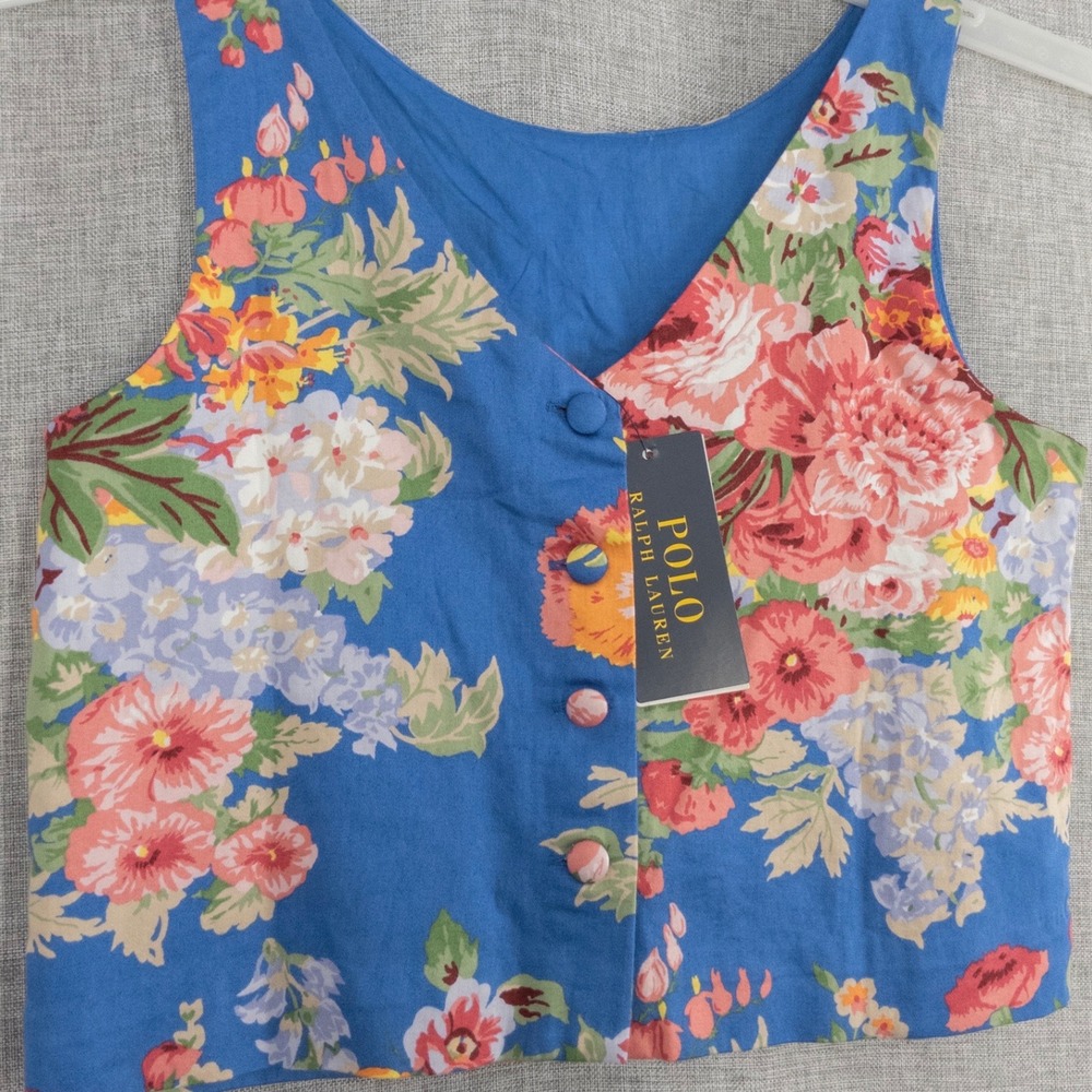 NEW Polo Ralph Lauren Girls Size 12 Floral Cotton Vest Blue Button Front NWT